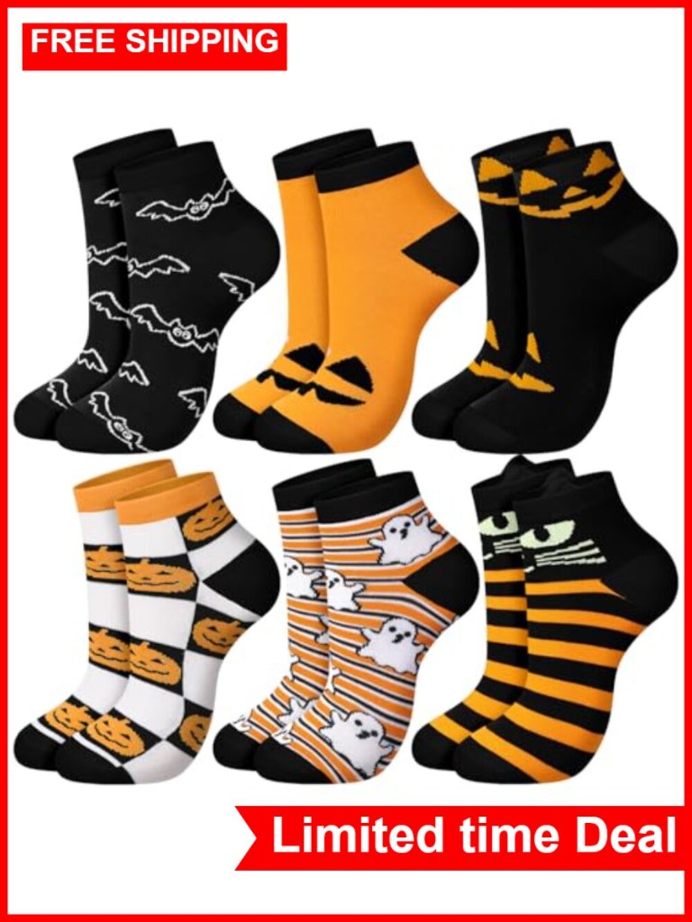6 Pairs Halloween Ankle Socks for Women Fun Ghost Cat Pattern Cute Novelty Crew